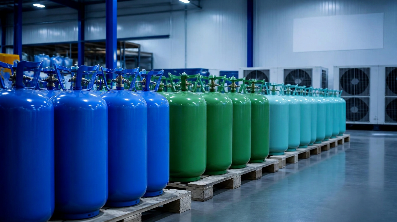 Refrigerant gas cylinders stored in a distribution warehouse