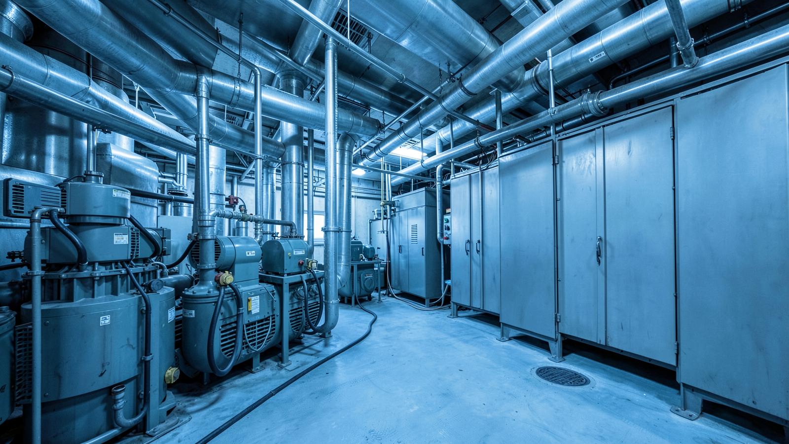 Industrial refrigeration plant room with compressors and pipework